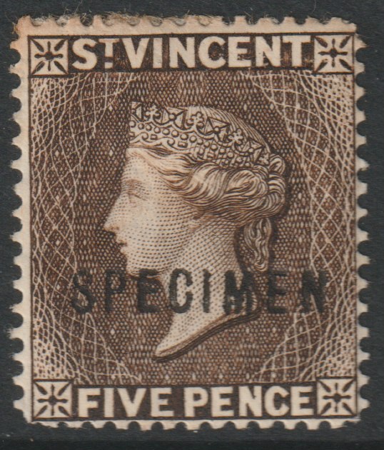 St Vincent 1897 QV 5d sepia overprinted SPECIMEN with gum but sl toning, only about 750 produced SG 62s, stamps on specimens