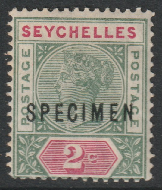 Seychelles 1890 QV Key Plate 2c overprinted SPECIMEN with gum and only about 345 produced SG1s, stamps on specimens