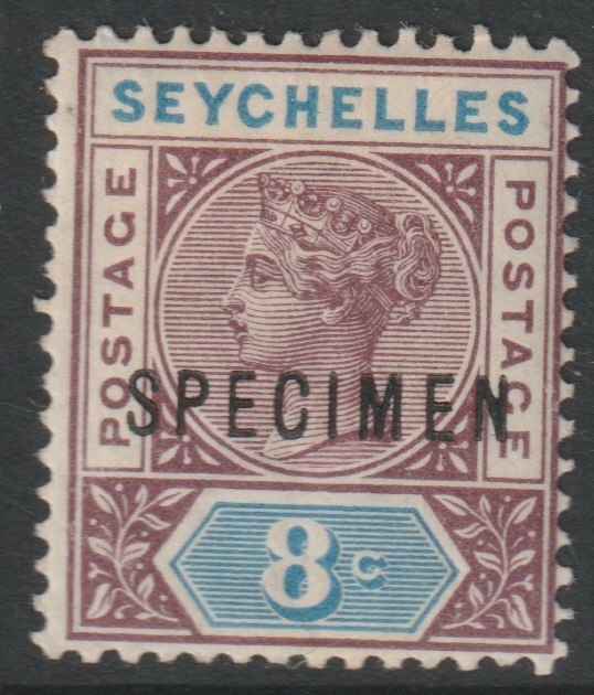 Seychelles 1890 QV Key Plate 8c overprinted SPECIMEN with gum and only about 345 produced SG3s, stamps on specimens