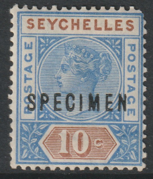 Seychelles 1890 QV Key Plate 10c overprinted SPECIMEN with gum but corner fault, only about 345 produced SG4s, stamps on specimens