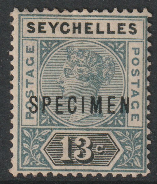Seychelles 1890 QV Key Plate 13c overprinted SPECIMEN with gum and only about 345 produced SG5s, stamps on specimens