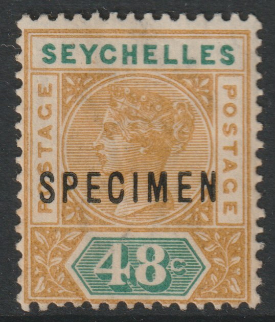 Seychelles 1890 QV Key Plate 48c overprinted SPECIMEN with gum and only about 345 produced SG7s, stamps on specimens