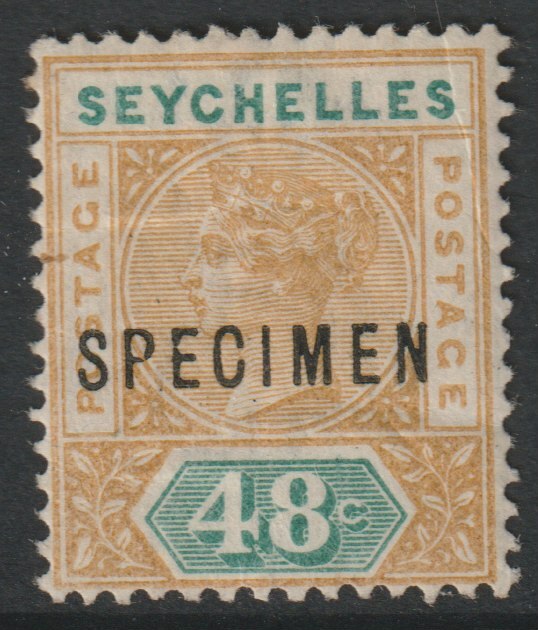 Seychelles 1890 QV Key Plate 48c overprinted SPECIMEN with poor gum and only about 345 produced SG7s, stamps on specimens