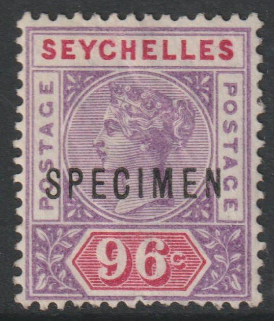 Seychelles 1890 QV Key Plate 96c overprinted SPECIMEN with poor gum and only about 345 produced SG8s, stamps on specimens