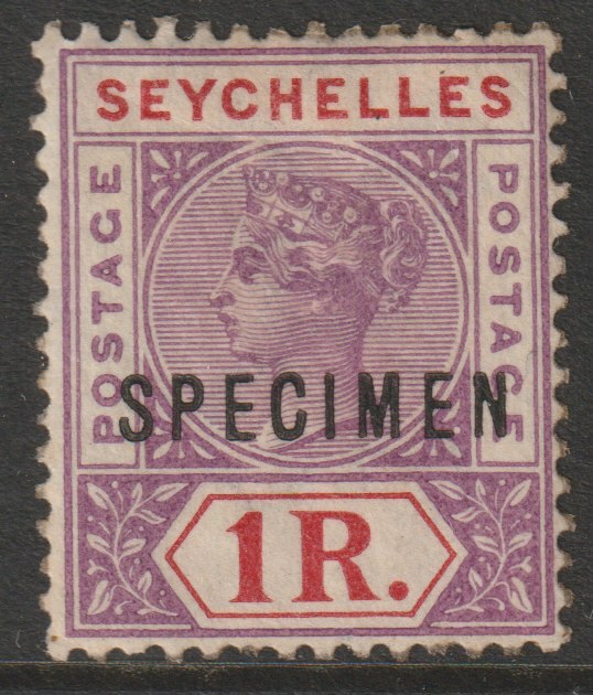 Seychelles 1897 QV Key Plate 1r overprinted SPECIMEN with gum and only about 750 produced SG 34s, stamps on specimens