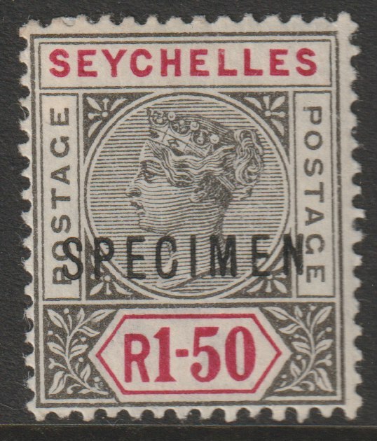Seychelles 1897 QV Key Plate 1r50 overprinted SPECIMEN with gum and only about 750 produced SG 35s, stamps on specimens