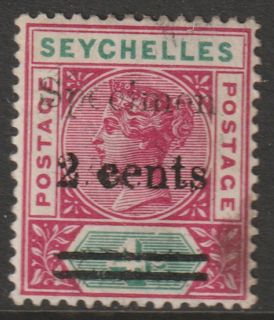 Seychelles 1902 QV surcharged 2c on 4c handstamped SPECIMEN with gum, only about 750 produced SG 41s, stamps on specimens