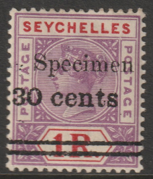Seychelles 1902 QV surcharged 30c on 1r handstamped SPECIMEN with gum, only about 750 produced SG 43s, stamps on specimens