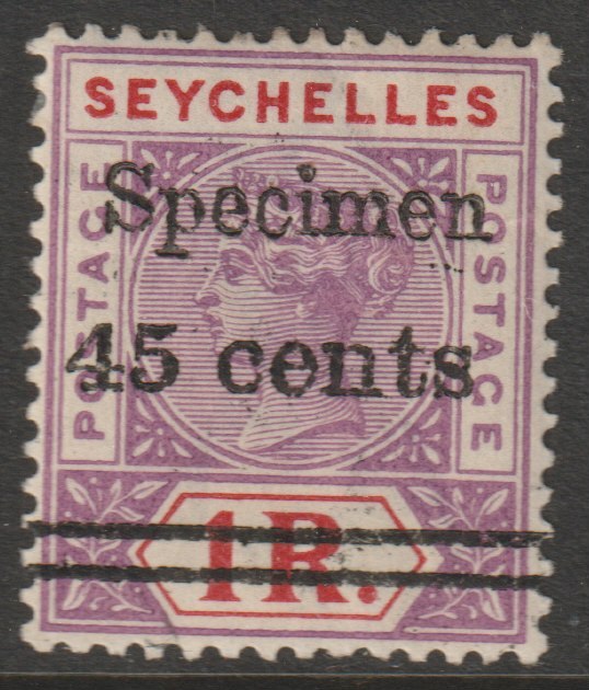 Seychelles 1902 QV surcharged 45c on 1r handstamped SPECIMEN with gum, only about 750 produced SG 44s, stamps on , stamps on  stamps on specimens