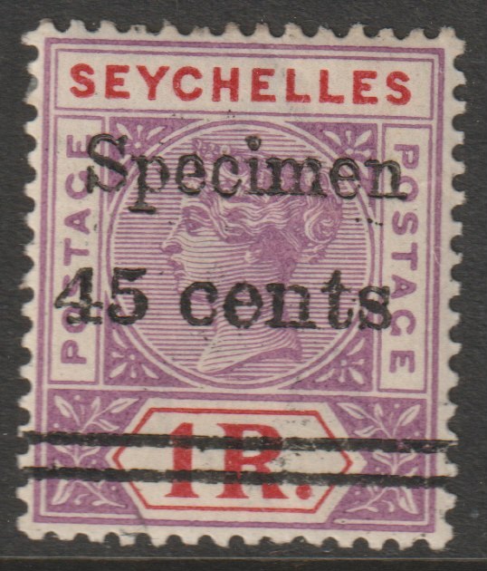 Seychelles 1902 QV surcharged 45c on 1r handstamped SPECIMEN with gum, only about 750 produced SG 44s, stamps on specimens