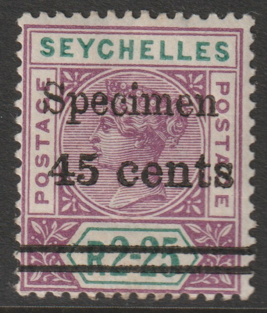 Seychelles 1902 QV surcharged 45c on 2r25 handstamped SPECIMEN with gum, only about 750 produced SG 45s, stamps on specimens