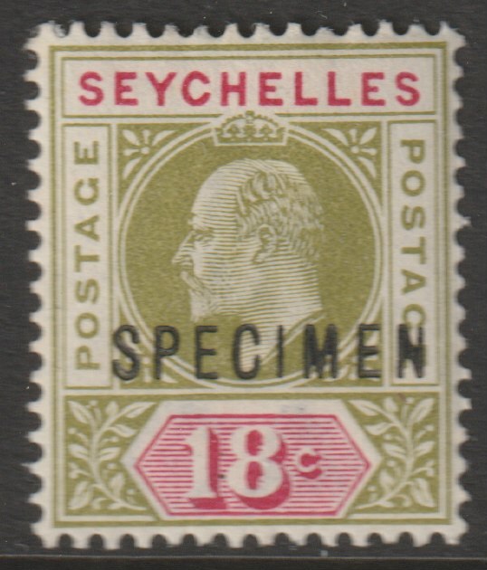 Seychelles 1903 KE7 Key Plate 18c overprinted SPECIMEN with gum, only about 750 produced SG 51s, stamps on specimens
