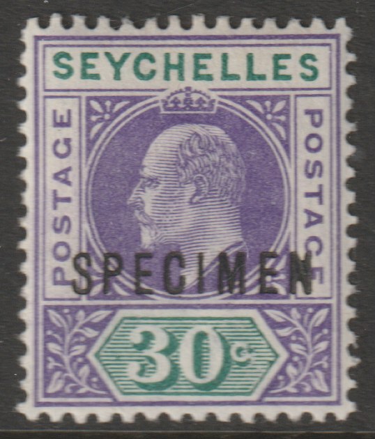 Seychelles 1903 KE7 Key Plate 30c overprinted SPECIMEN with gum, only about 750 produced SG 52s, stamps on , stamps on  stamps on specimens