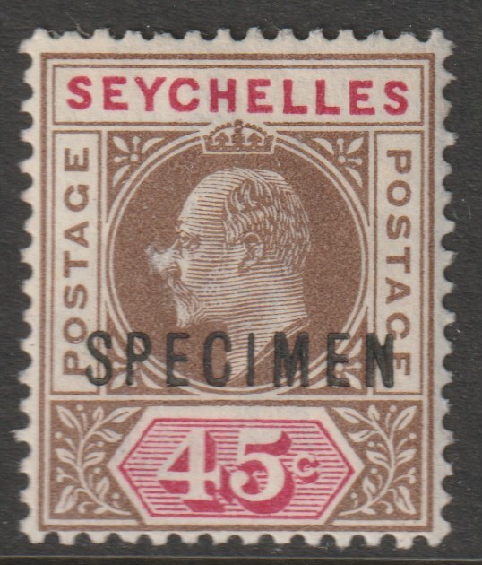 Seychelles 1903 KE7 Key Plate 45c overprinted SPECIMEN with gum, only about 750 produced SG 53s, stamps on specimens