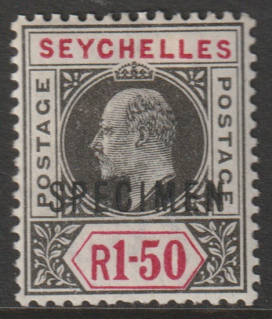 Seychelles 1903 KE7 Key Plate 1r50 overprinted SPECIMEN with gum, only about 750 produced SG 55s, stamps on specimens