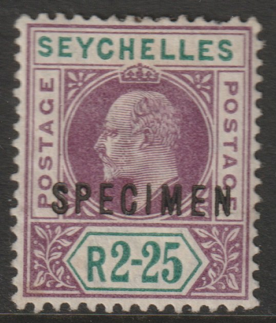 Seychelles 1903 KE7 Key Plate 2r25 overprinted SPECIMEN poor gum, only about 750 produced SG 56s, stamps on specimens