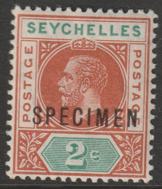 Seychelles 1912 KG5 Key Plate MCA 2c overprinted SPECIMEN with gum, only about 400 produced SG 71s, stamps on specimens