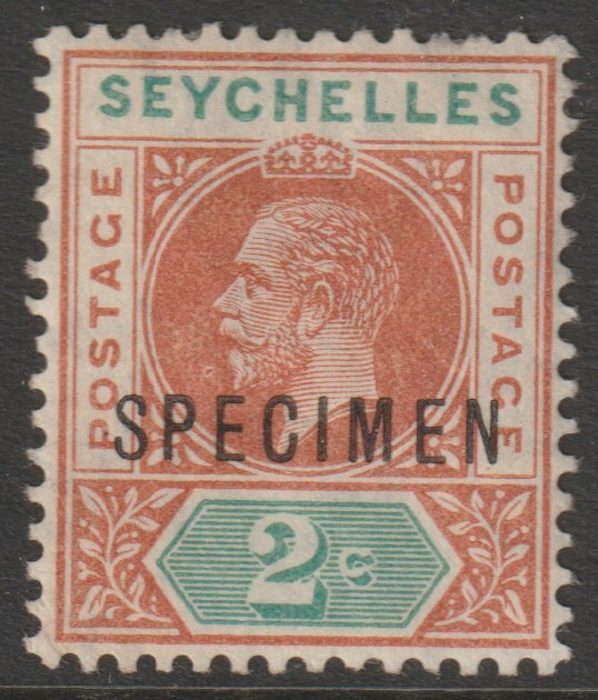 Seychelles 1912 KG5 Key Plate MCA 2c overprinted SPECIMEN without gum, only about 400 produced SG 71s, stamps on specimens
