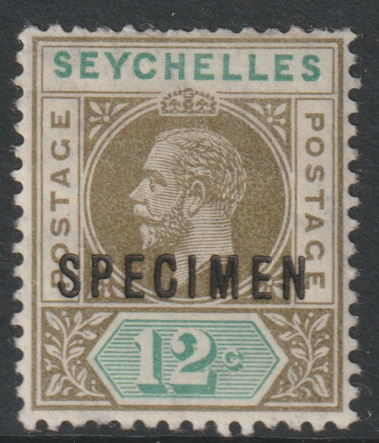 Seychelles 1912 KG5 Key Plate MCA 12c overprinted SPECIMEN with gum, only about 400 produced SG 74s, stamps on specimens