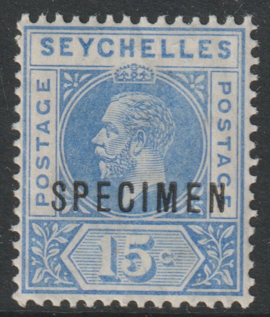 Seychelles 1912 KG5 Key Plate MCA 15c overprinted SPECIMEN with gum, only about 400 produced SG 75s, stamps on specimens