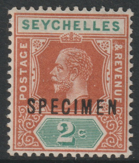 Seychelles 1917 KG5 Key Plate MCA 2c overprinted SPECIMEN with gum, only about 400 produced SG 82s, stamps on specimens