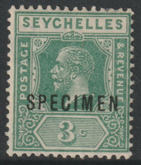 Seychelles 1921 KG5 Key Plate Multiple Script 3c overprinted SPECIMEN with gum, only about 400 produced SG 99s, stamps on specimens