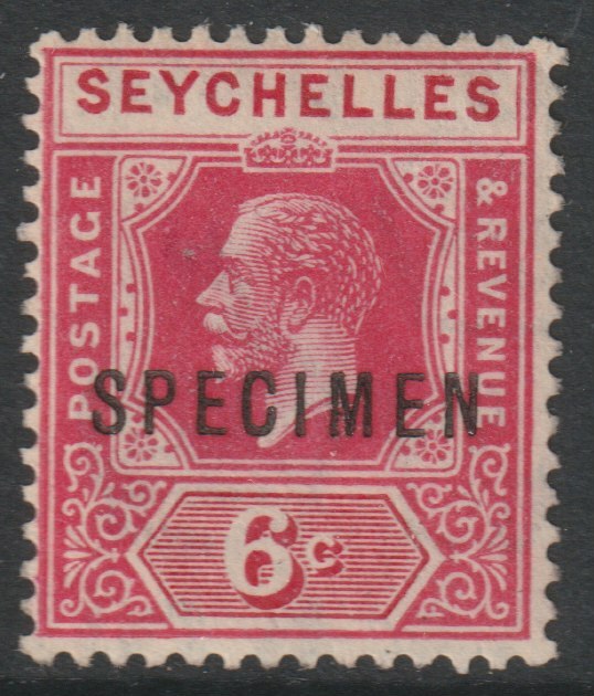 Seychelles 1921 KG5 Key Plate Multiple Script 6c carmine overprinted SPECIMEN with gum, only about 400 produced SG 104s, stamps on specimens