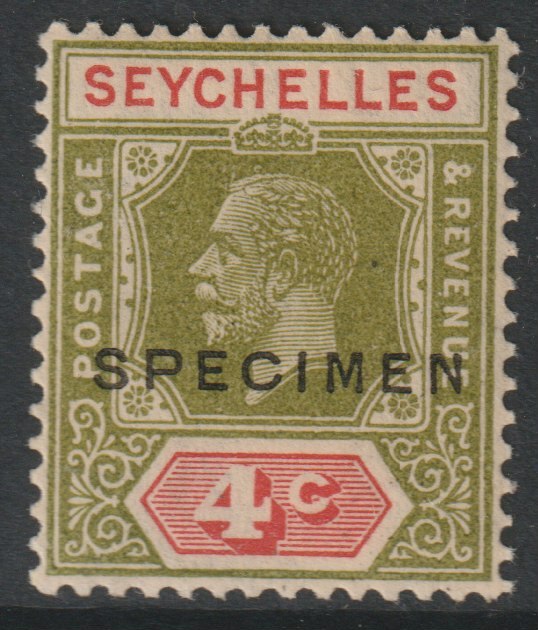 Seychelles 1921 KG5 Key Plate Multiple Script 4c overprinted SPECIMEN with gum, only about 400 produced SG 102s, stamps on specimens