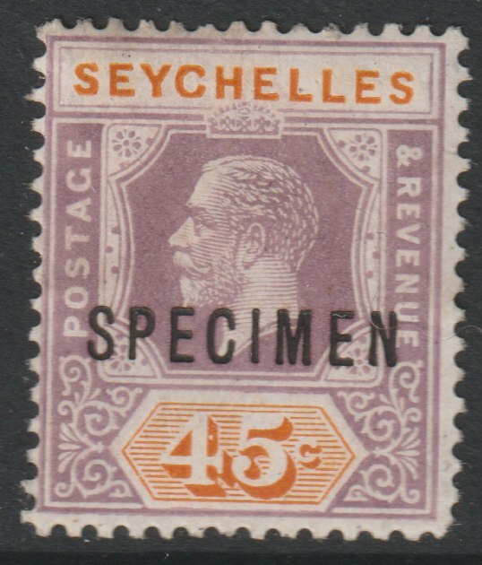 Seychelles 1917-21 KG5 Key Plate watermark ?? 45c overprinted SPECIMEN with gum, only about 400 produced, stamps on specimens
