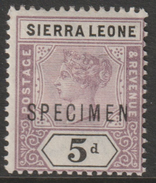 Sierra Leone 1896 QV  Key Plate Crown CA 5d overprinted SPECIMEN with gum large hinge remainder, only about 750 produced, SG 48s, stamps on specimens