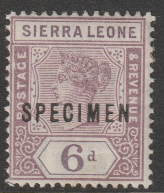 Sierra Leone 1896 QV  Key Plate Crown CA 6d overprinted SPECIMEN with gum large hinge remainder, only about 750 produced, SG 49s, stamps on specimens