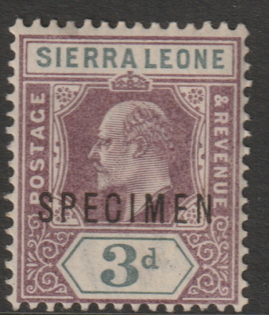 Sierra Leone 1903 KE7  Key Plate Crown CA 3d overprinted SPECIMEN with gum, only about 750 produced, SG78s, stamps on , stamps on  stamps on specimens