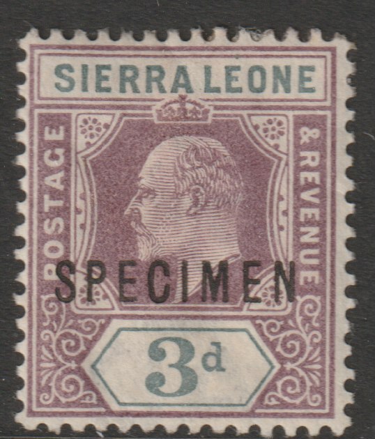 Sierra Leone 1903 KE7  Key Plate Crown CA 3d overprinted SPECIMEN with gum, only about 750 produced, SG78s, stamps on specimens