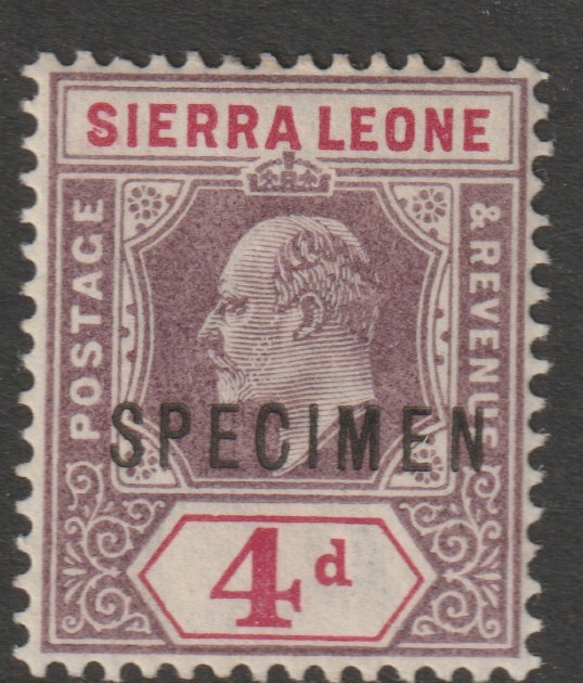 Sierra Leone 1903 KE7  Key Plate Crown CA 4d overprinted SPECIMEN with gum, only about 750 produced, SG79s, stamps on specimens