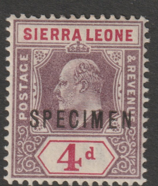 Sierra Leone 1903 KE7  Key Plate Crown CA 4d overprinted SPECIMEN with gum, only about 750 produced, SG79s, stamps on , stamps on  stamps on specimens