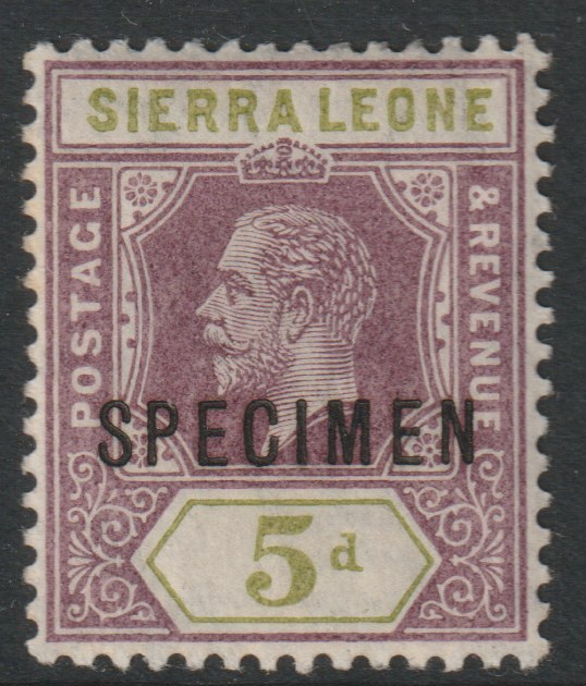Sierra Leone 1912 KG5  Key Plate MCA 5d overprinted SPECIMEN with gum, only about 400 produced, SG118s, stamps on specimens