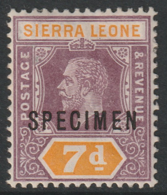Sierra Leone 1912 KG5  Key Plate MCA 7d overprinted SPECIMEN with gum, only about 400 produced, SG120s, stamps on specimens