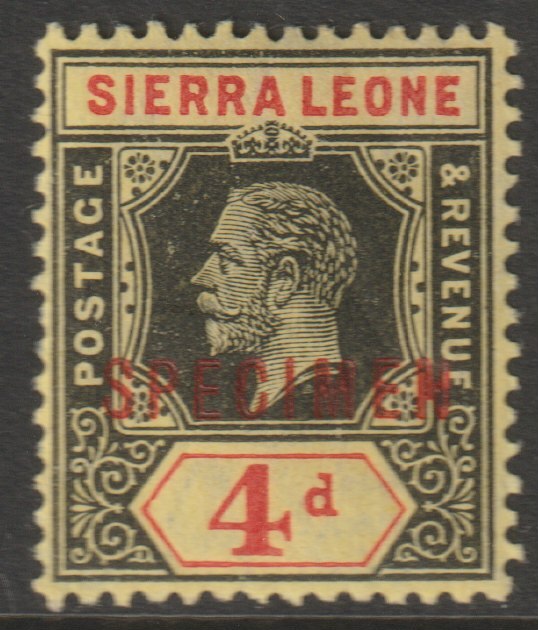 Sierra Leone 1921 KG5  Key Plate Multiple Script 4d overprinted SPECIMEN with gum, only about 400 produced, SG137s, stamps on , stamps on  stamps on specimens