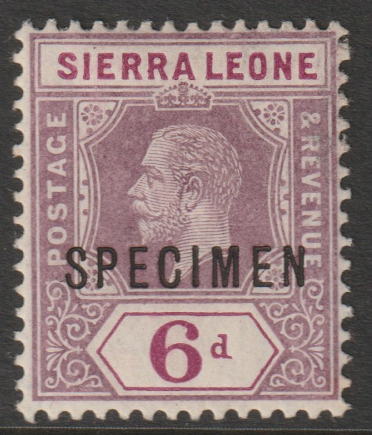 Sierra Leone 1912-21 KG5  Key Plate watermark ?? 6d overprinted SPECIMEN with gum, only about 400 produced, stamps on specimens