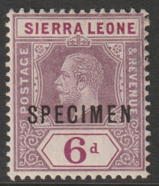 Sierra Leone 1912-21 KG5  Key Plate watermark ?? 6d overprinted SPECIMEN with gum, only about 400 produced, stamps on , stamps on  stamps on specimens