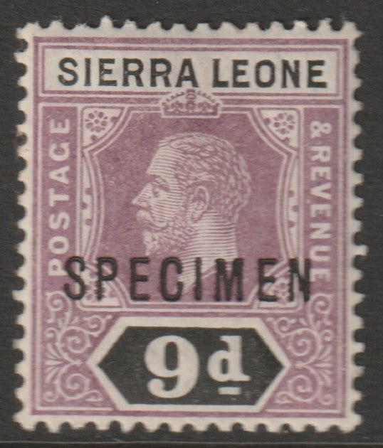 Sierra Leone 1912-21 KG5  Key Plate watermark ?? 9d overprinted SPECIMEN with gum, only about 400 produced, stamps on specimens