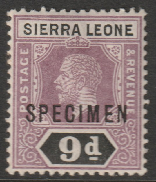 Sierra Leone 1912-21 KG5  Key Plate watermark ?? 9d overprinted SPECIMEN with gum, only about 400 produced, stamps on , stamps on  stamps on specimens