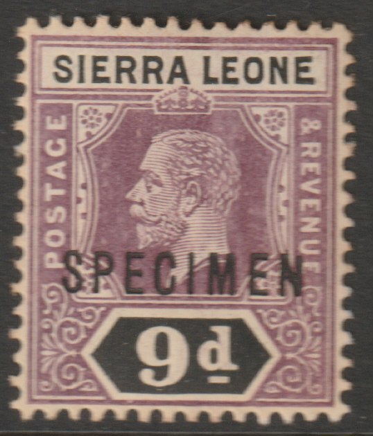 Sierra Leone 1912-21 KG5  Key Plate watermark ?? 9d overprinted SPECIMEN with gum some foxing, only about 400 produced, stamps on , stamps on  stamps on specimens