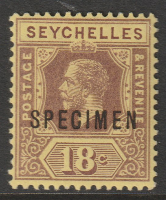 Seychelles 1917 KG5 Key Plate MCA 18c overprinted SPECIMEN with gum, only about 400 produced SG 88s, stamps on , stamps on  stamps on specimens