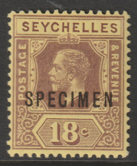 Seychelles 1917 KG5 Key Plate MCA 18c overprinted SPECIMEN with gum, only about 400 produced SG 88s, stamps on , stamps on  stamps on specimens