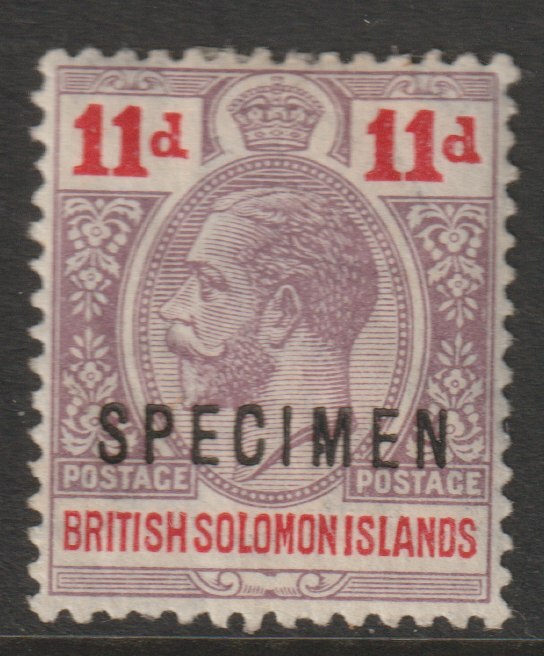 Solomon Islands 1913 KG5 Postage & Postage 11d overprinted SPECIMEN with gum, only about 400 produced SG21s, stamps on , stamps on  stamps on specimens