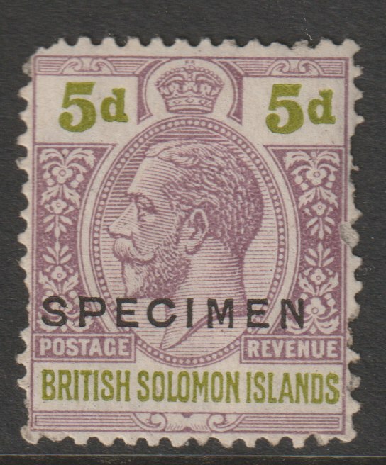 Solomon Islands 1922 KG5 Multiple Script 5d overprinted SPECIMEN with gum, but corner fault only about 400 produced SG46s, stamps on specimens