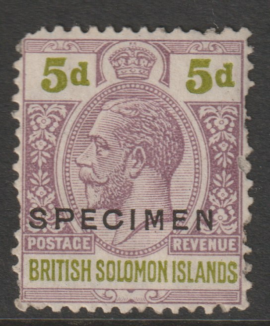 Solomon Islands 1922 KG5 Multiple Script 5d overprinted SPECIMEN with gum, but corner fault only about 400 produced SG46s, stamps on , stamps on  stamps on specimens