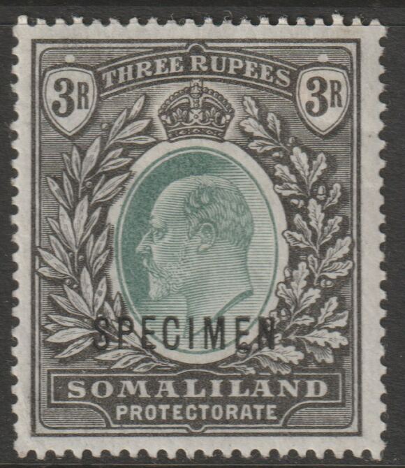 Somaliland 1904 KE7 Crown CC 3r overprinted SPECIMEN with gum and only about 750 produced SG43s, stamps on specimens
