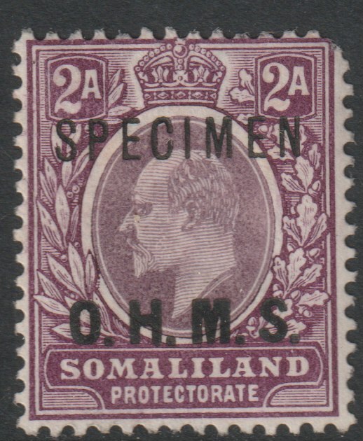 Somaliland 1904 KE7 OHMS Crown CC 2a overprinted SPECIMEN without gum and corner fault, only about 750 produced SG O12s, stamps on , stamps on  stamps on specimens